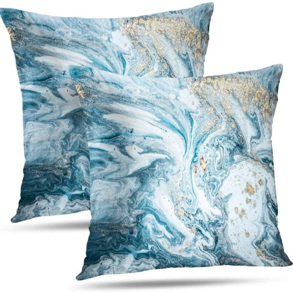 2 New Water color wash marble light blue gold pillow covers 18"x18" - Picture 1 of 3
